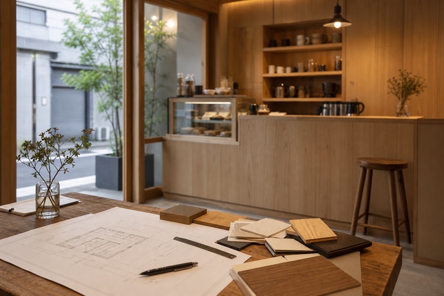 小規模店舗設計のカウンターと図面